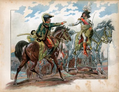 Joachim Murat (1767-1815) og general Antoine Charles Louis de La Salle (Lasalle) (1775-1809) under slaget ved Heilsberg i 1807. Gravering av Jacques Marie Gaston Onfray de Breville dit Job (1858-1931) av pseudonym for Onfray de Breville Jacques Job