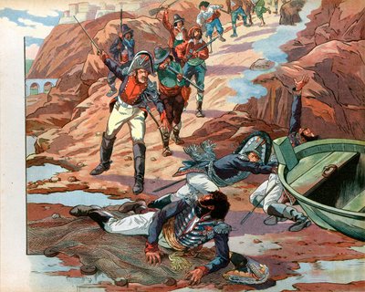 Joachim Murat (1767-1815), dechu-kongen av Napoli, tatt til fange i Pizzo i Calabria av den fiendtlige folkemengden i 1815. Gravering av Jacques Marie Gaston Onfray de Breville dit Job (1858-1931) av pseudonym for Onfray de Breville Jacques Job