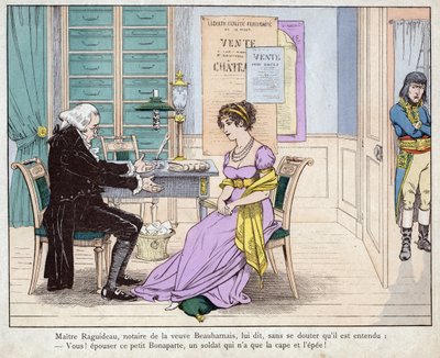 Josephine and the notary - Maitre Raguideau, notary of the widow Beauharnais, said to him, Ye! marry this little Bonaparte - Master Raguidea and Josephine - (You! Marry this little Bonaparte) - lithograph by Job (Jacques Onfroy de Breville) from “” Le Gran av pseudonym for Onfray de Breville Jacques Job
