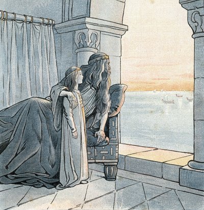 King Charlemagne (Charles I called Charles the Great, 742-814) observes the arrival of Viking drakkars on the Seine in the 9th century. in “France, his story told by G. Montorgueil, imageed by Job””” 1896. Private collection. av pseudonym for Onfray de Breville Jacques Job
