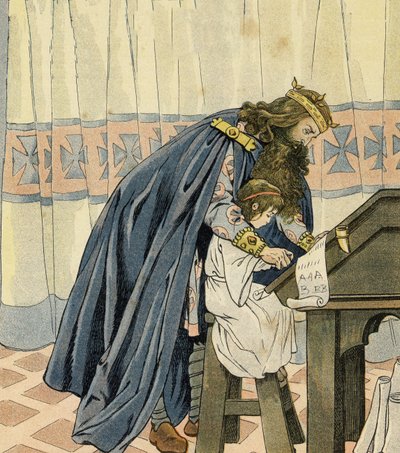 King Charlemagne (Charles I, known as Charles the Great, 742-814) educates a young child and invents the school. in “France, his story told by G. Montorgueil, imaged by Job”” 1896. Private collection. av pseudonym for Onfray de Breville Jacques Job