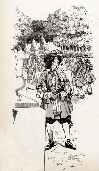 Kong Ludvig XIV av Frankrike kalte kong Soleil (1638-1715) med sine hoffmenn i Versailles hager. Illustrasjon av Job (Jacques Marie Gaston Onfray og Breville) (Jacques-Marie) (1858-1931) for boken "De store historiske ordene i landet Frankrike" av pseudonym for Onfray de Breville Jacques Job