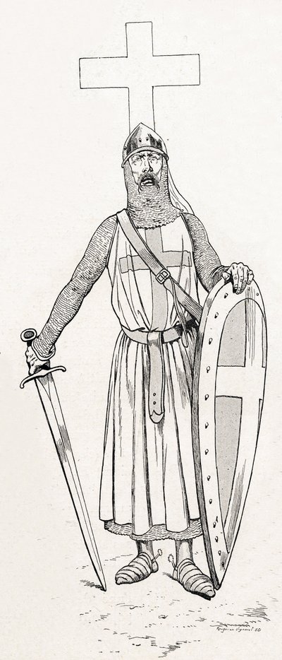 Ridder av Louis IX kjent som Saint Louis (1214-1270) i ​​korstogsdrakt. Illustrasjon av Job (Jacques Marie Gaston Onfray og Breville) (Jacques-Marie) (1858-1931) for boken «Les grands mots historique du pays de France»» 1915. Privee Collection. av pseudonym for Onfray de Breville Jacques Job