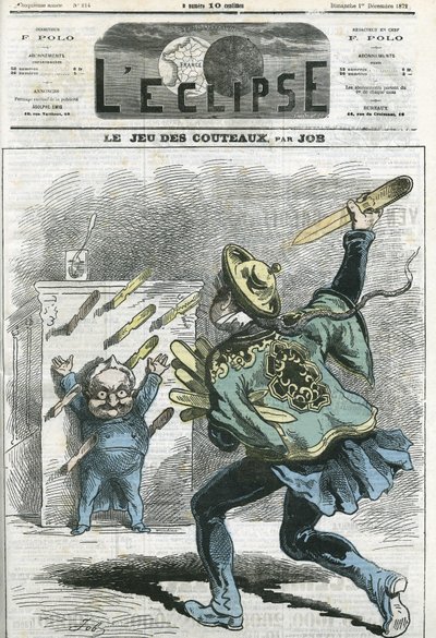 Le jeux des knives, Adolphe Thiers (1797-1877), fransk historiker og statsmann. Omslag i "" L'Eclipse"" av Job, 1. desember av pseudonym for Onfray de Breville Jacques Job