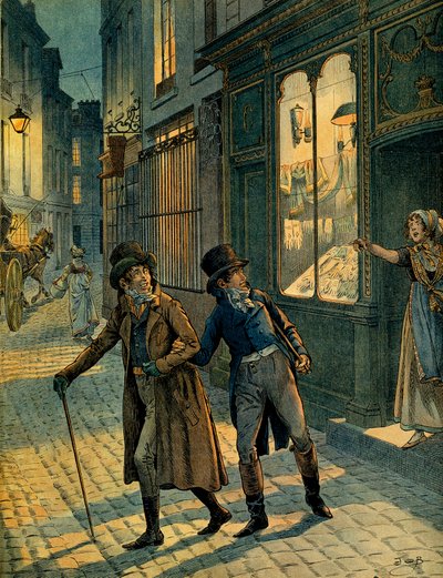 Louis Antoine Fauvelet de Bourrienne (1769-1834) og Napoleon I Bonaparte (1769-1821) i gatene i Paris inkognito. Illustrasjon av Jacques Marie Gaston Onfray de Breville dit JOB (1858-1931). Privat samling av pseudonym for Onfray de Breville Jacques Job