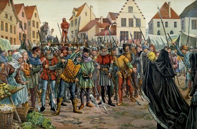 Mary of Burgundy (1457-1482), hertuginne av Burgund krevde nåde for sine rådgivere i 1477. Illustrasjon av Jacques Marie Gaston Onfray de Breville dit JOB (1858-1931) i "" Louis XI""" av pseudonym for Onfray de Breville Jacques Job