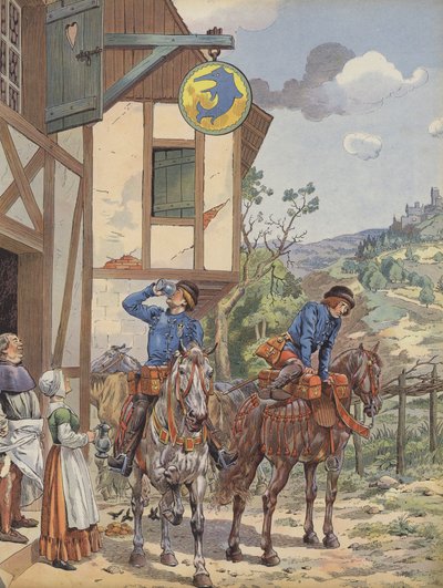 Sendebud som tar forfriskninger på et vertshus ved veikanten (farge litho) av pseudonym for Onfray de Breville Jacques Job