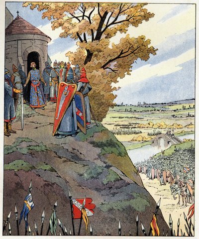 Min krone til kong Filip IIs modige ord sa Philip Augustus (1165-1223) til herrene før seieren i slaget ved Bouvines 27. juli av pseudonym for Onfray de Breville Jacques Job