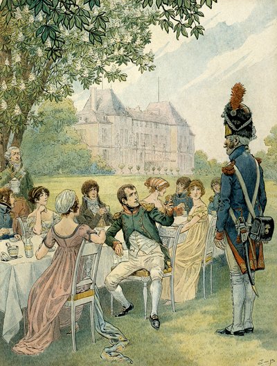 Napoleon I Bonaparte (1769-1821) under en lunsj i hagen til slottet Malmaison. Illustrasjon av Jacques Marie Gaston Onfray de Breville dit JOB (1858-1931). Privat samling av pseudonym for Onfray de Breville Jacques Job