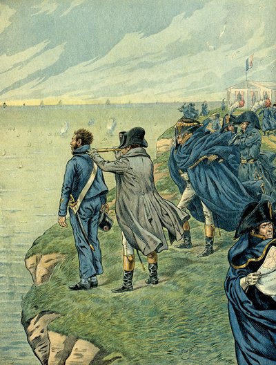 Napoleon I Bonaparte (1769-1821) besøkte arsenalet til Boulogne-leiren i juli 1804. Illustrasjon av Jacques Marie Gaston Onfray de Breville dit JOB (1858-1931). Privat samling av pseudonym for Onfray de Breville Jacques Job