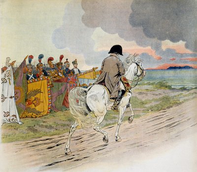 Napoleon passerte foran troppene sine på hesteryggen da han dro i eksil på øya Elba. Illustrasjon av Jacques Marie Gaston Onfray de Breville dit JOB (1858-1931). Privat samling av pseudonym for Onfray de Breville Jacques Job