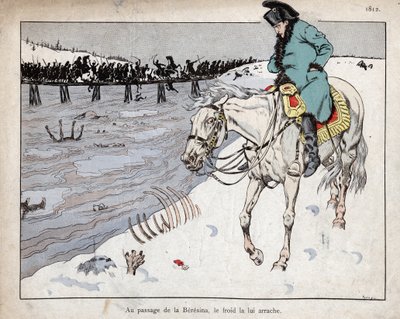 Napoleon ser på restene av Grand Armee som krysser elven Berezina på tilfluktsstedet fra Moskva av pseudonym for Onfray de Breville Jacques Job