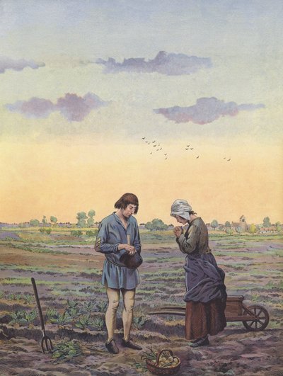Bønder tar pause fra arbeidet på markene for bønner som beordret av kongen (farge litho) av pseudonym for Onfray de Breville Jacques Job