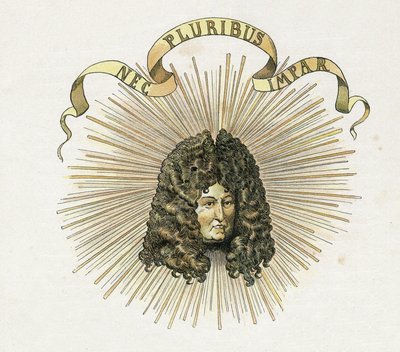 Portrait of King Louis XIV (1638-1715) with his motto in Latin “Nec pluribus impar”” (A no other similar). in “” France, his story told by G. Montorgueil, imagee by Job”” 1896. Private collection. av pseudonym for Onfray de Breville Jacques Job