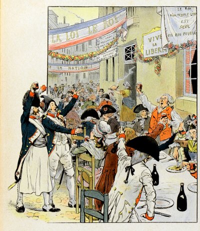 Revolusjonær bankett etter erobringen av Bastillen - Illustrasjon av Job (Jacques Marie Gaston Onfray og Breville) (Jacques-Marie) (1858-1931) for boken "La Tour d