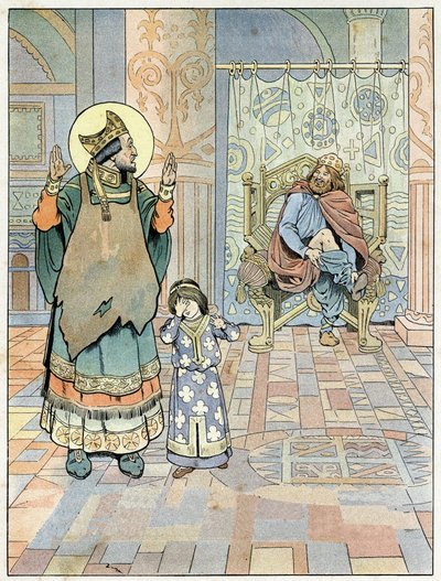 Saint Eloi (v.588-659) påpeker overfor kongen av Frankrike Dagobert I (602 eller 605-638 eller 639) at buksene hans ble satt opp ned (underbuksene opp ned). i "Frankrike, hans historie fortalt av G. Montorgueil, imagee av Job"" 1896. Privat samling. av pseudonym for Onfray de Breville Jacques Job