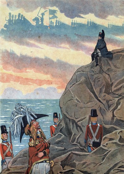 Scene of the history of France in toys: Napoleon I Bonaparte (1769-1821) in exile on the island of Sainte Helene (Sainte-Helene) presented in an attitude of melancholy and loneliness. In “” Joujoux a l