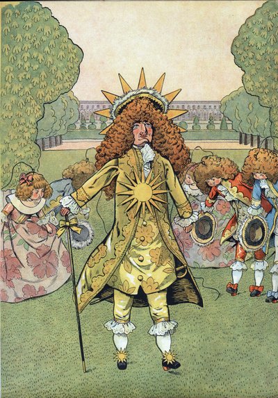 Scene av historien til Frankrike i leker: Portrett av kongen av Frankrike Ludvig XIV (1638-1715) sa Solkongen i hagene til Versailles med sin hoff trekke ærbødighet. I "" Joujoux a l'histoire: la France iscenesatt med Joujoux de deux petits F av pseudonym for Onfray de Breville Jacques Job