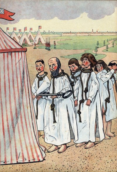 Scene of the history of France in toys: The bourgeois of Calais. The siege of Calais in 1347 and the devouement of Eustache of Saint Peter, the best known of the six bourgeois of Calais, who went to the king of England Edward III, to plead for the grace of av pseudonym for Onfray de Breville Jacques Job