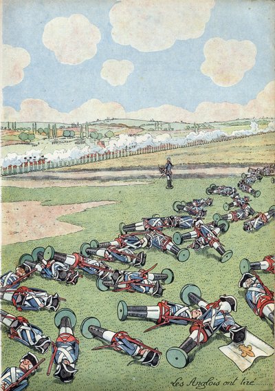 Scene fra Frankrikes historie i leker: Østerrikes arvefølgekrig (1740-1748). Troppen av infanterister fra den franske hæren drept av engelskmennene i slaget ved Fontenoy 11. mai 1745. I “” Joujoux a l'histoire: la France iscenesatt med Joujoux de d av pseudonym for Onfray de Breville Jacques Job