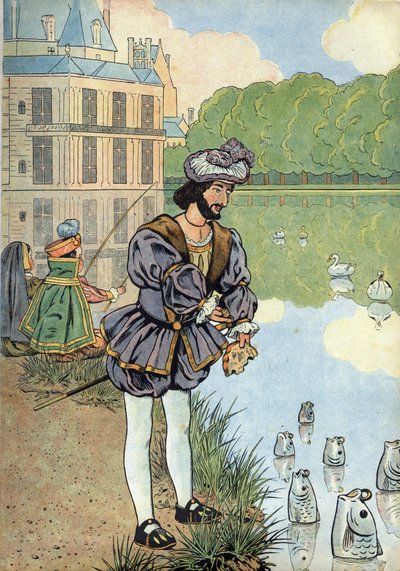 Scene of the history of France in toys: the King of France Francois I (1494-1547) gives bread to the fish of the park of Fontainebleau. In “” Joujoux a l