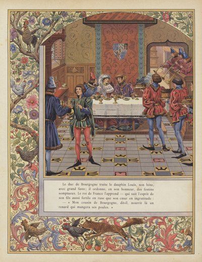 Hertugen av Burgund sørger for en overdådig fest for Louis, Dauphin av Frankrike (farge litho) av pseudonym for Onfray de Breville Jacques Job