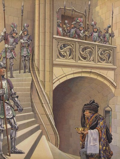 Barberen klatret opp trappene mot kongens kammer, forbi de mange væpnede vaktene (farge litho) av pseudonym for Onfray de Breville Jacques Job