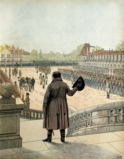 Avskjeden med Napoleon I Bonaparte (1769-1821) på gårdsplassen til Cheval Blanc i Fontainebleau 20. april av pseudonym for Onfray de Breville Jacques Job