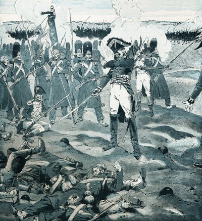 Vakten døde, men reagerte ikke på general Cambronne (1770-1842) som kommanderte den siste plassen i Garde mens fienden ba den franske hæren om å overgi seg til slaget ved Waterloo 18. juni 1815. Illustrasjon av Job (Jacques Marie Gaston Onfray og Brevi) av pseudonym for Onfray de Breville Jacques Job