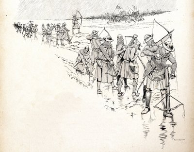 Regnet setter bueskytterne av hæren til den franske kongen Philip VI dit Philippe de Valois (1293-1350) ut av kampen ved å fukte buenes tau under slaget ved Crecy i 1346 i begynnelsen av hundreårskrigen. Illustrasjon av Job (Jacques av pseudonym for Onfray de Breville Jacques Job