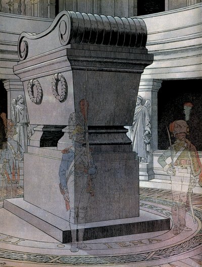 Graven til keiser Napoleon I Bonaparte (1769-1821) ved Invalides med spøkelsesvakter. I "" Napoleon"" av Georges Montorgueil. Illustrasjon av Jacques Marie Gaston Onfray de Breville dit JOB (1858-1931) av pseudonym for Onfray de Breville Jacques Job