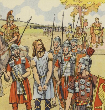 Vercingetorix overgir seg til Julius Caesar, 52 f.Kr. (farge litho) av pseudonym for Onfray de Breville Jacques Job