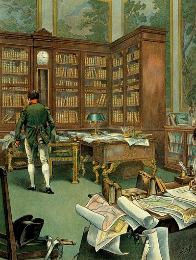 Arbeidskabinett til Napoleon I Bonaparte (1769-1821) i første etasje i Palais des Tuileries mens han var førstekonsul. Skrivebord med bibliotek og klokke bygget i tre. Illustrasjon av Jacques Marie Gaston Onfray de Breville dit JOB (1858-1931). Private Co av pseudonym for Onfray de Breville Jacques Job