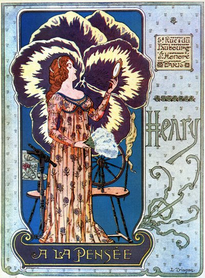 Art Nouveau: reklameplakat for kosmetikkbutikken "Henry a la Thought" i Paris. En ung kvinne beundrer seg selv i et speil, bak henne en tankeblomst. Illustrasjon av L. Trianon av pseudonym of Trinquier Louis Trinquier Trianon