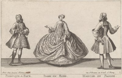 Faced parykk/dame i kjole/pagodermer av published by Jacques Chéreau