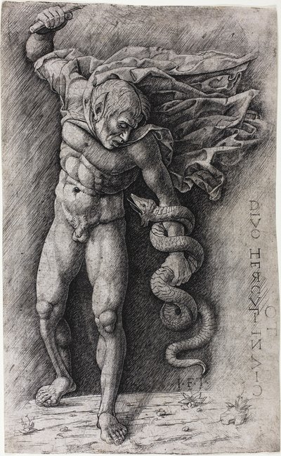 Faun som angriper en slange av school of Andrea Mantegna