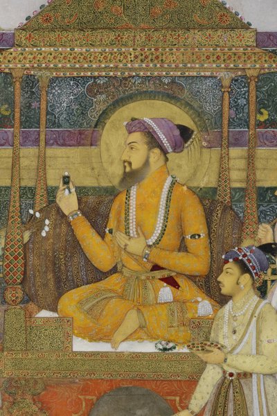 Detalj fra The Emperor Shah Jahan on the Peacock Throne, 1640 (ugjennomsiktig wc og gull på papir) av son of Aqa Riza Abid