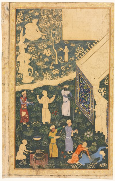 Venstre side av en dobbeltsidet albumfolio: Outside a Royal Encampment (recto) av style of Bihzad