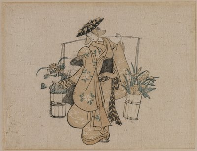 En skjønnhet som bærer to bøtter med blomster av style of Torii Kiyomasu