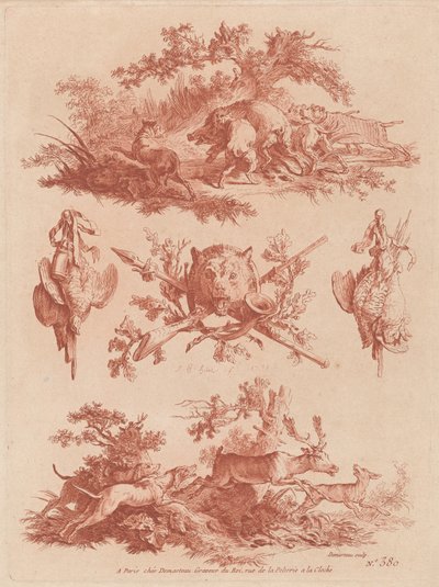 Jakttrofeer og vignetter med hunder som jager en villsvin og en hjort av the Elder and Jean Baptiste Hüet Gilles Demarteau