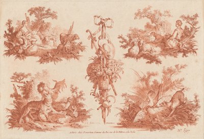 To pastorale vignetter, to jaktvignetter og et trofé av the Elder and Jean Baptiste Hüet Gilles Demarteau