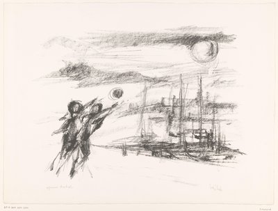 Folk ved kai med skip av unknown (signed by artist)