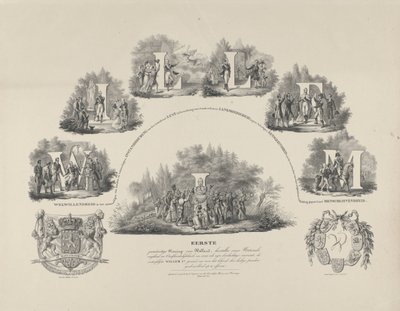 Allegory of the Virtues of King William I, 1831 William I First Constitutional King of Holland, Restorer of our National Freedom and Independence (...) (tittel på objekt) av van der Meulen