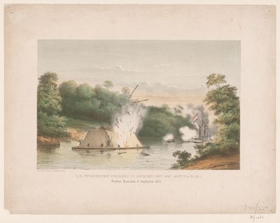 Z.M. Steamship Celebes i kamp med en kotta-mara. Poeloe Kanamit, 6. august 1859 (tittel på objekt) av weduwe Elias Spanier and Zn