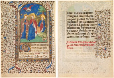 Blad fra en timebok: Sts. Geneviève, Katarina av Alexandria, og Margaret (rekto) og tekst (verso) av workshop of Boucicaut Master