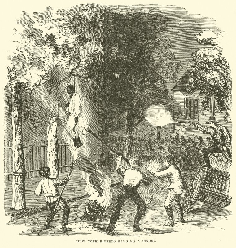 New York-opprørere som henger en svart person, juli 1863 (gravering) av (after) American School