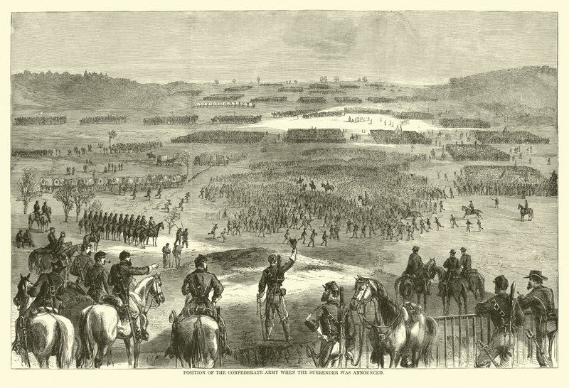 Stillingen til den konfødererte hæren da overgivelsen ble kunngjort, april 1865 (gravering) av (after) American School