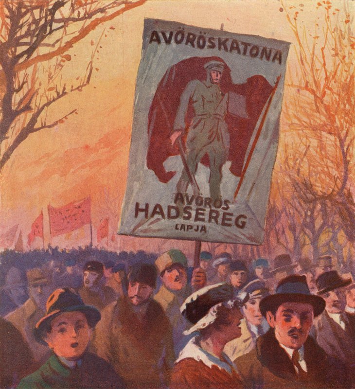 Demonstrasjon er støtte for rekruttering til den russiske røde hæren, Budapest, Ungarn (farge litho) av (after) Carrey