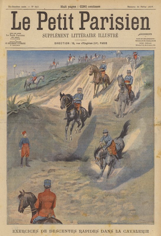 Fransk kavaleri øver på raske bratte nedstigninger på hesteryggen (farge litho) av (after) Carrey