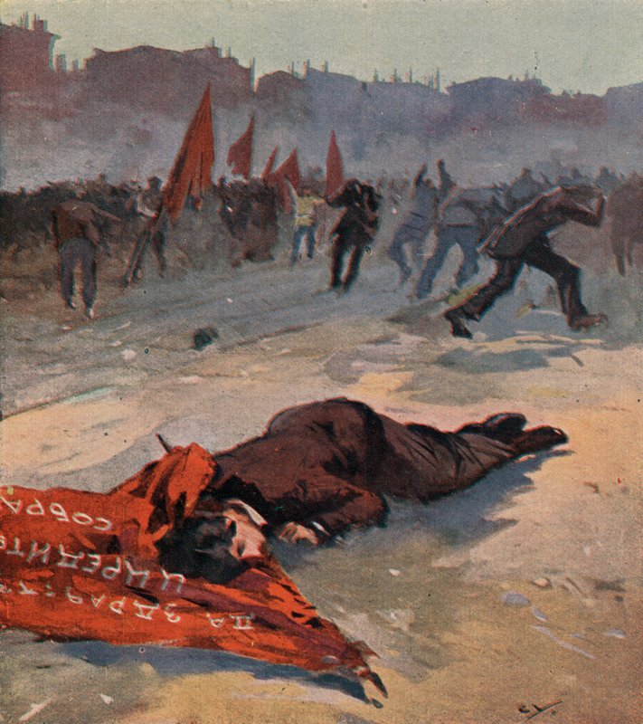 Drap på en sosialistisk revolusjonært parti-aktivist ved navn Gorbatsjovskaya av bolsjevikiske røde garde under en demonstrasjon, Petrograd, Russland av (after) Carrey